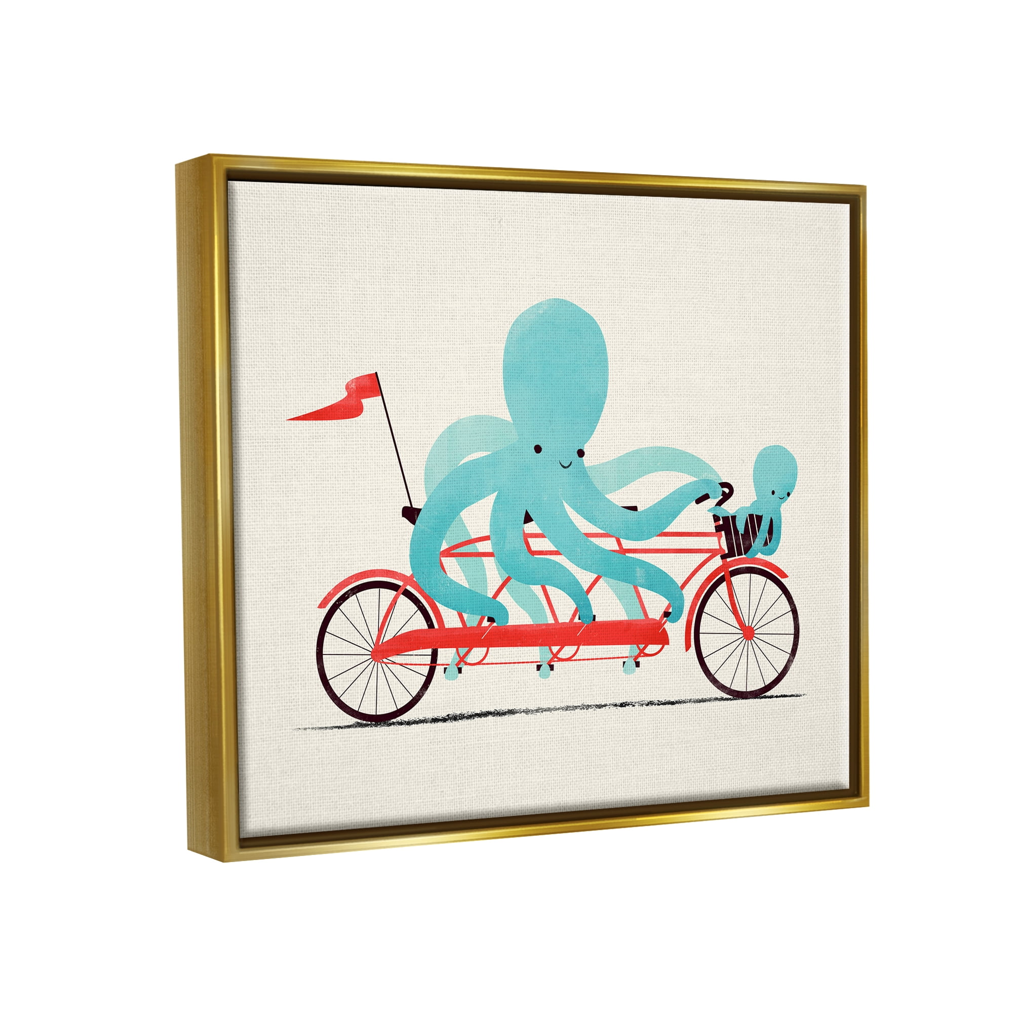 Stupell Industries Octopus Tandem Bicycle Animals & Insects Painting Gold Floater Framed Canvas Art Print Wall Art, 31 x 25