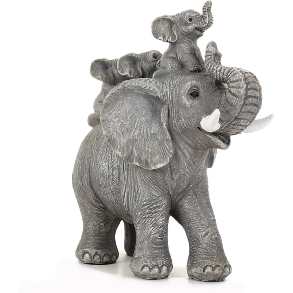 FriyGardcn Statue d'Éléphant Gris Mignon Décoration Maison Éléphant Porte-Bonheur Trois Veaux sur le Dos Figurines Décor pour Étagère Bons Cadeaux pour Femmes Décoration pour Salon, Bureau