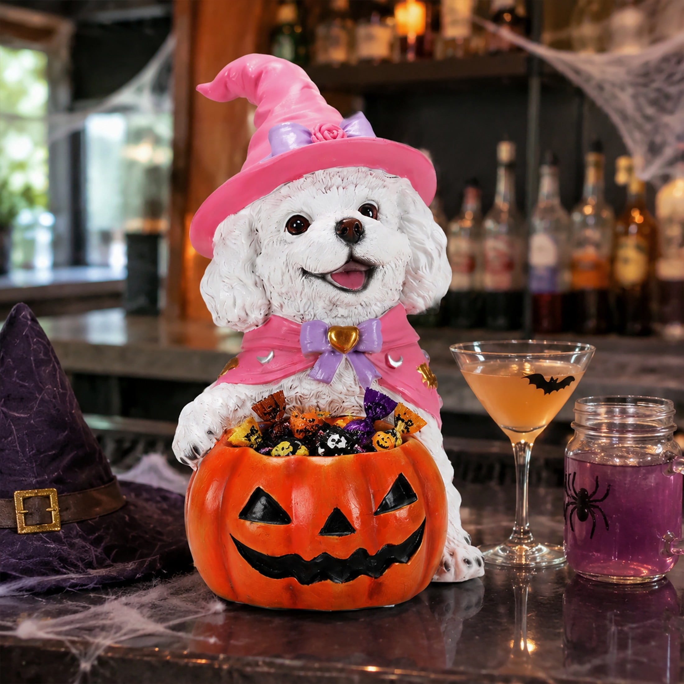 Noble House Halloween Teddy Dog Witch Puppy Figurine with Pumpkin Candy Bowl, Decorative Statue, White