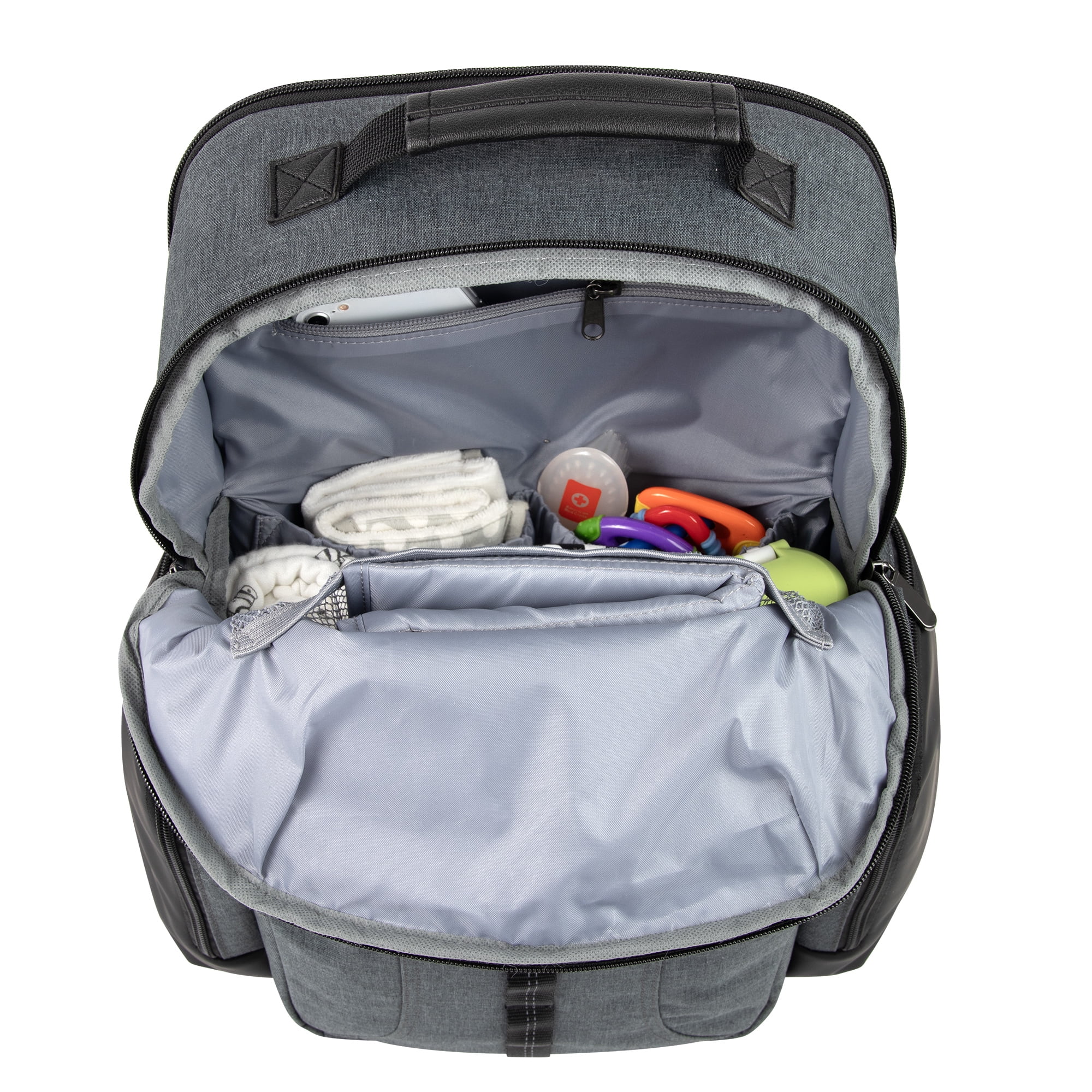 Baby Essentials Super Cooler Multi-Pocket Dual Zipper Closure Diaper Bag Backpack with Matching Changing Pad, Insulated Bottle Pockets and Stroller Straps in Gray & Black