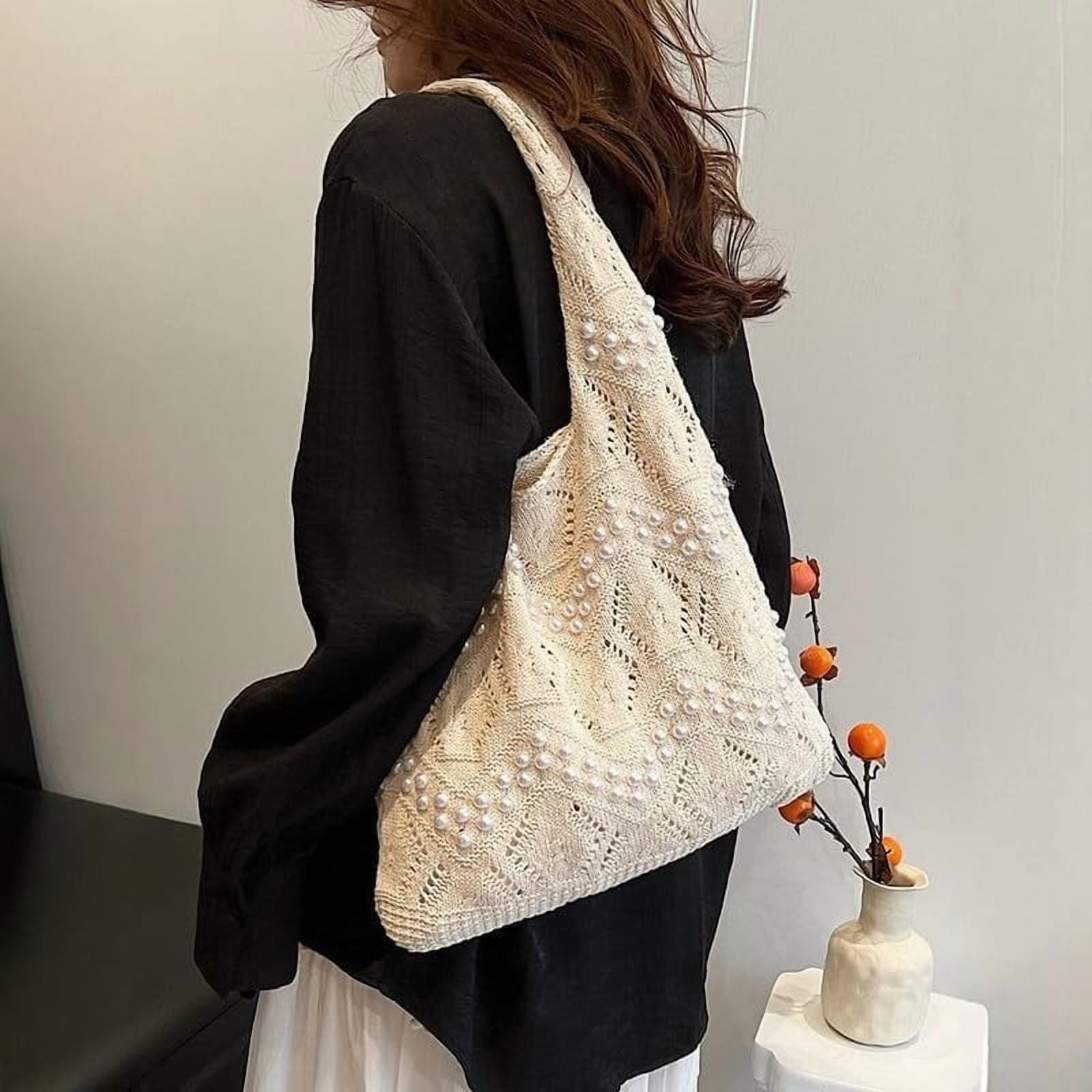 CAILDANL Boho Crochet Beach Tote Shoulder Bag with Colored Beads | Colorful Aesthetic Hippie Knit Bag for Women