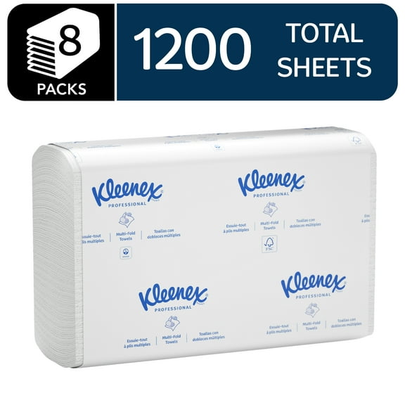 Kleenex Professional Universal Multifold Paper Towels, Bulk (02046), Absorbency Pockets, 9.2" x 9.4" Towel, White (150 Sheets/Pack, 8 Packs/Case, 1,200 Sheet Total)