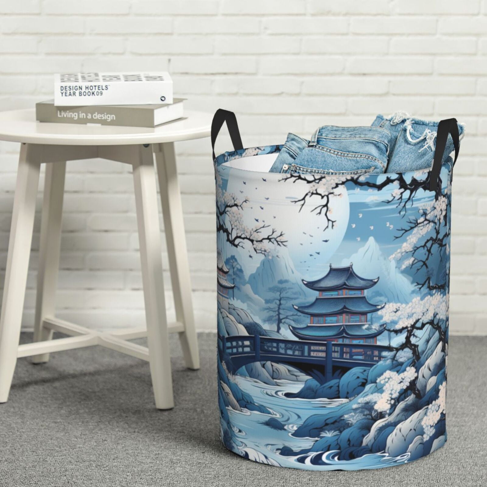 Chinese Style Powder Chinoiserie Toile Blue Foldable Laundry Hamper with Handle Storage Basket for Clothes Toys & Organizing