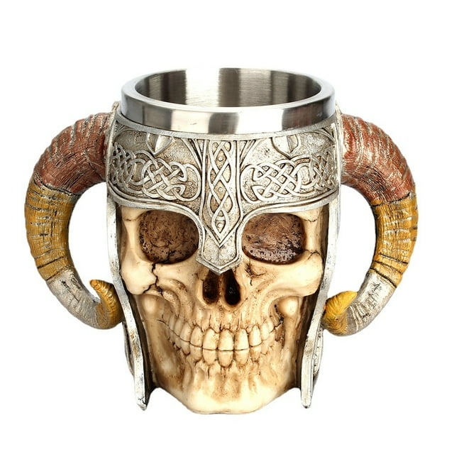 Taza de calavera vikinga con asa de casco con cuernos, 350 ml, acero inoxidable