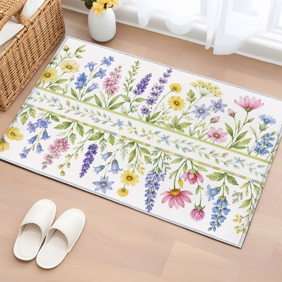 Blue Pink Spring Floral 2'x3' Washable Rug, Elegant Pastoral Flowers Non-Slip Soft Doormat Area Rugs for Entrance Bathroom Bedsides, Front Doormat Carpet for Kitchen Bedroom, Entryway Floor Mat