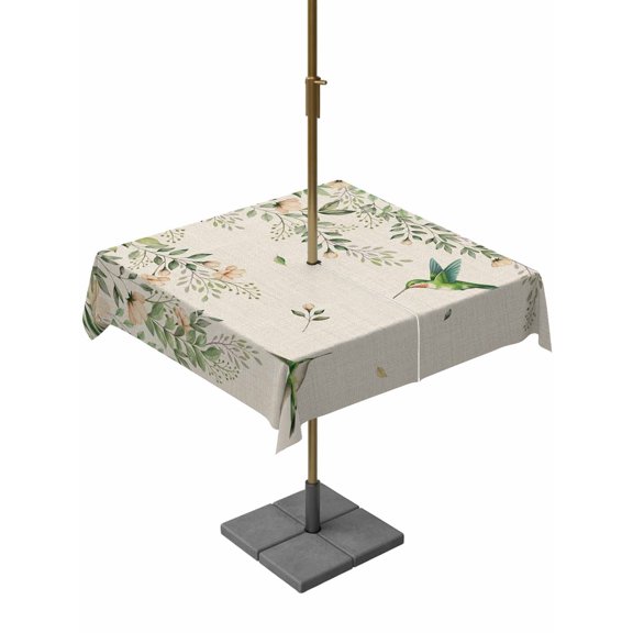 Outdoor Tablecloth with Umbrella Hole for Patio/Picnic/Party/Camping, Watercolor Floral Waterproof Table Cloth Square Cover Washable, Spring Flowers Birds Plants Country Beige (60"x 60")