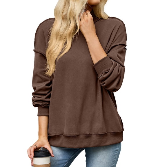 VEKDONE Women's Mock Neck Sweatshirt Oversized Long Sleeve Loose Fit Pullover Top Solid Color Lightweight Comfy Lounge Sweatshirts Coffee S