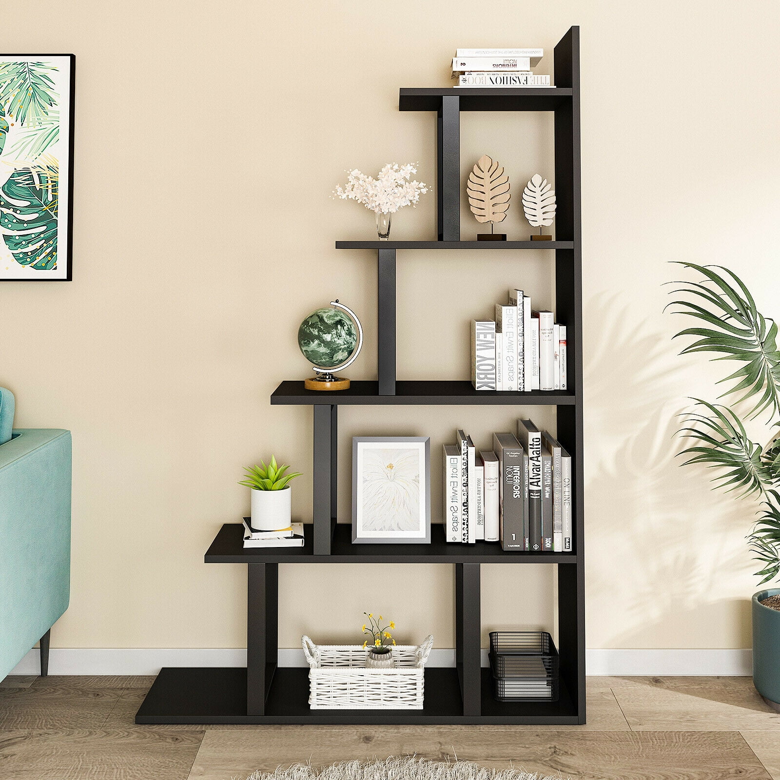 Dextrus 5-Tier Bookshelf, Ladder Etagere  Bookcase,L-Shape Display Rack Storage Shelf, Freestanding Open Corner Bookshelves for Office, Bedroom, Living Room, Study Room, Black
