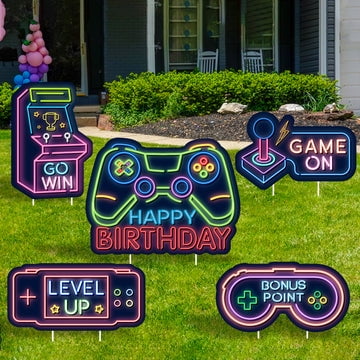 WATINC Set of 5 Neon Video Game Happy Birthday Yard Signs with Stakes Game On Go Win Level up Bonus Point Large Waterproof Lawn Sign Gaming Theme Birthday Party Decorations Supplies for Outdoor Garden