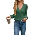 thumbnail image 3 of Blusas de Larga con Cuello en V para Mujer, Elegantes, Informales, de Otoño, con Mangas Abullonadas, Holgadas, Modernas. Verde S, 3 of 9