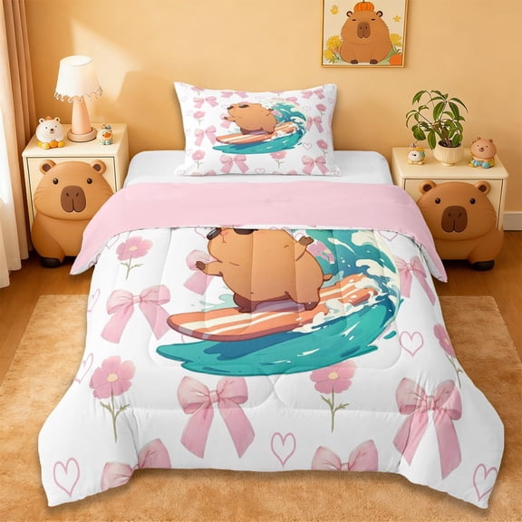 Erosebridal Cartoon Surfing Capybara Twin Comforter Sets,Kawaii Rodent Animal Bedding Set For Kids ,Reversible Pink 2-Piece