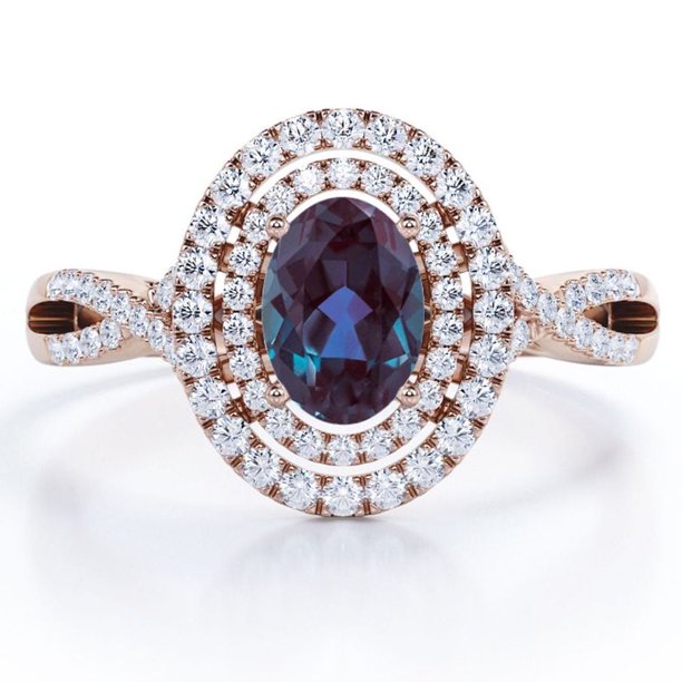 JeenMata Anillo de Compromiso con Doble Racimo de 1,5 Quilates con Pavé de Alejandrita y Moissanita Ovalados en Baño de Oro Rosa de 18 K sobre Plata