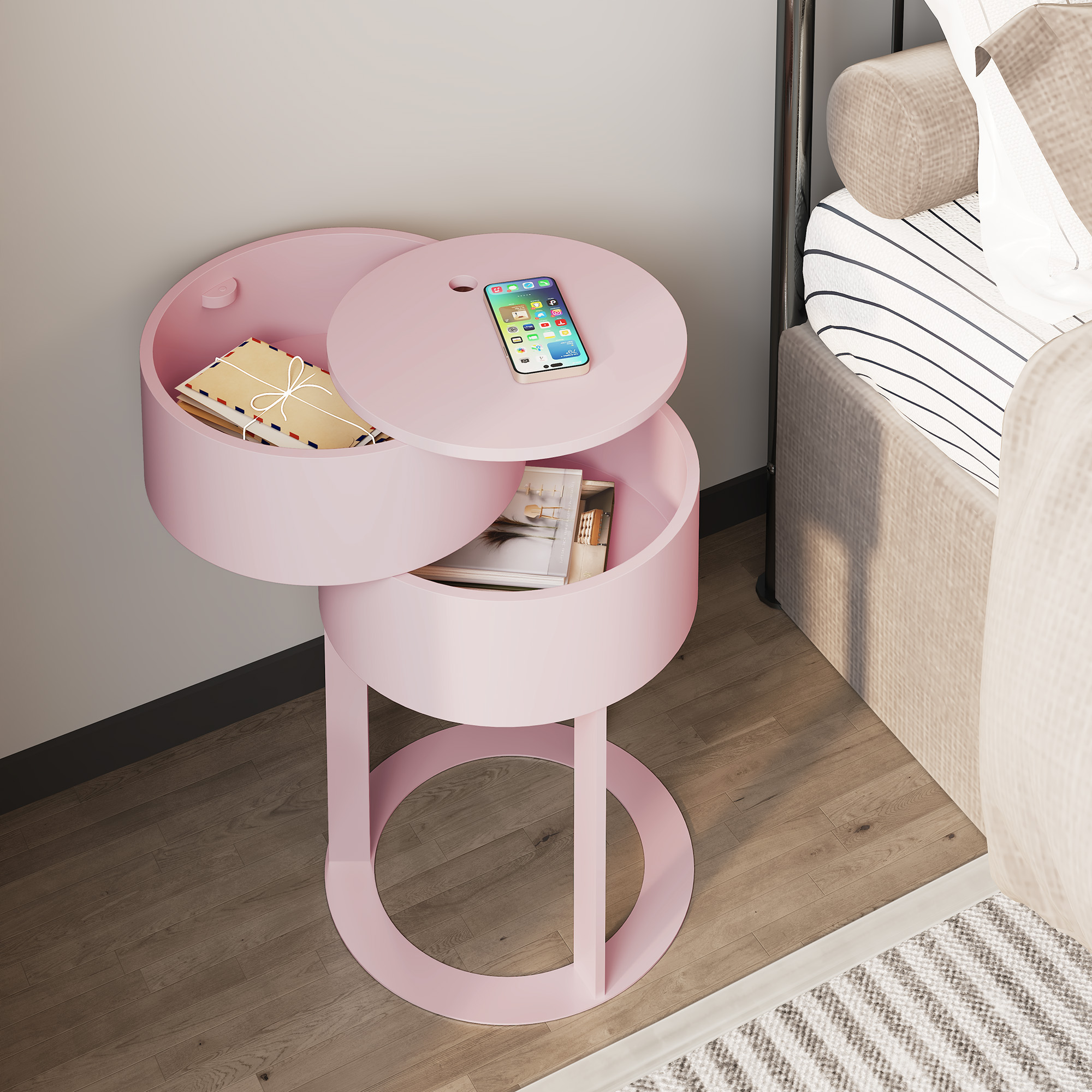 HLR Modern Round Nightstand Set of 2 with Drawer, 2-Tier End Table for Living Room, Bedroom, Pink