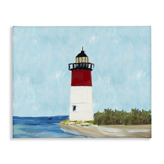 Stupell Industries Coastal Lighthouse on Blue Coastal Painting Gallery Wrapped Canvas Art Print Wall Art, 20 x 16