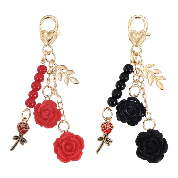 Uxcell Flower Charm Keychain, Cute Resin Red/Black Rose Pendant Keychains Tassel Pearl Chain Keyring with Jewelry Box for Women Purse Handbag Bag Car Keys Accessories, (Pack of 2)