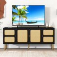 thumbnail image 2 of Boho Rattan TV Stand for 70 Inch TV, Boho Entertainment Center with Storage, Modern Rattan TV Console with Adjustable Shelves and Gold Metal Base for Living Room, Black, 2 of 9
