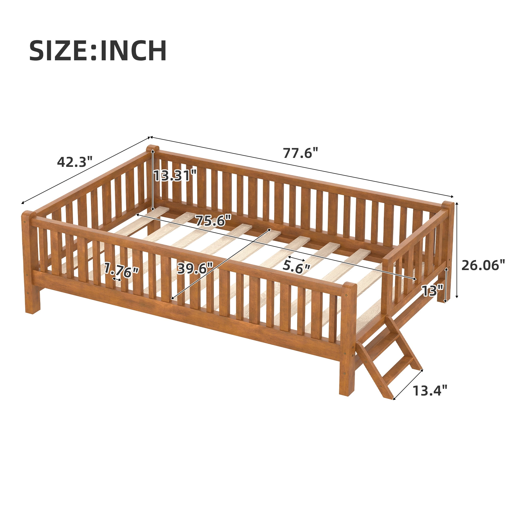 MODERNLUXE Twin Size Platform Bed with Guardrails, Walnut