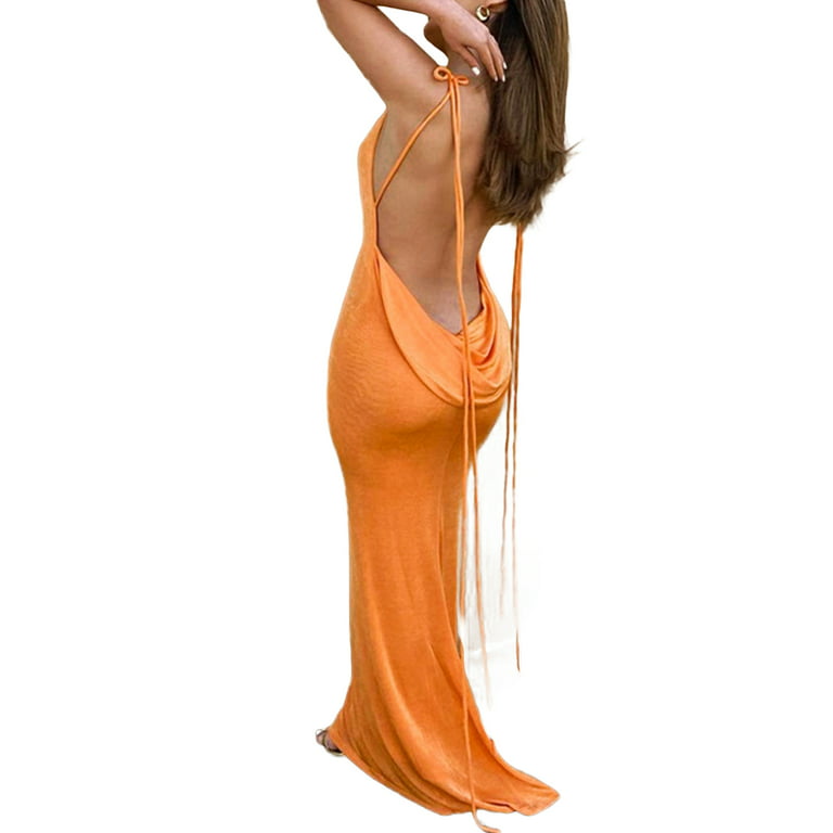 Women Hollow Out Backless Maxi Dress Knitted Spaghetti Strap