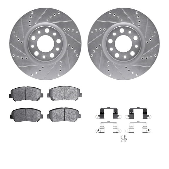 Dynamic Friction Company Front Brake Rotors-Drilled and Slotted-Silver with 5000 Advanced Brake Pads includes Hardware 7512-39016