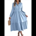 thumbnail image 2 of Vestido Camisero Informal de 3/4 para Mujer, con Botones, Cuello en V, Cuello Escalonado, Holgado y Azul S, 2 of 9