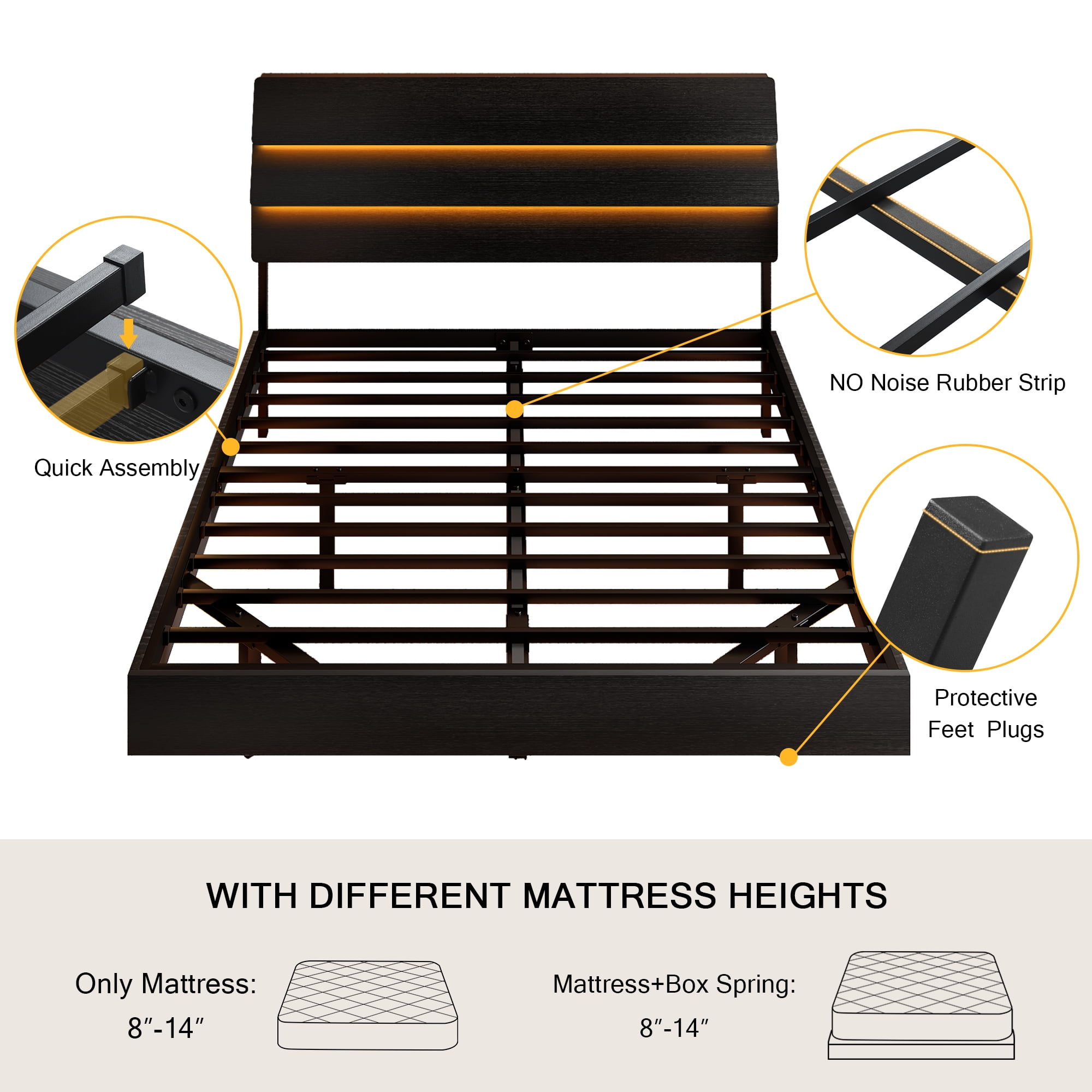 Einhomn Floating Bed Frame Queen Size with Storage Headboard, LED Lights and Charging Station, No Box Spring Needed