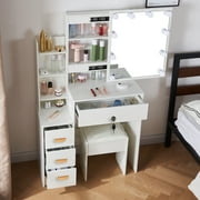 Yamissi Makeup Vanity Desk w/ Mirror & Lights, Vanity Desk Table with 4 Drawers, Charging Station, White