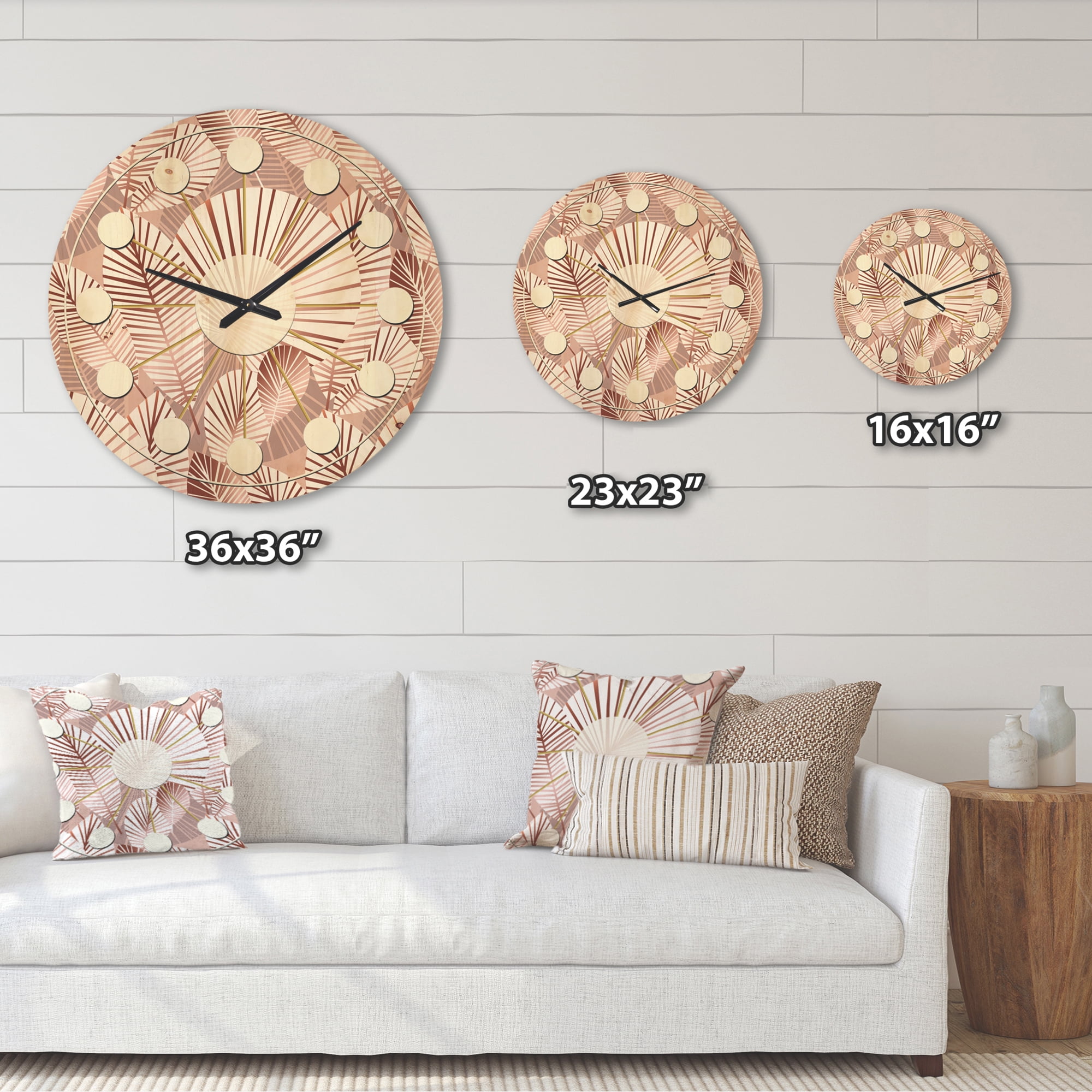 Designart 'Golden Tropical Leaves Pattern IV' Mid-Century Modern Wood Wall Clock