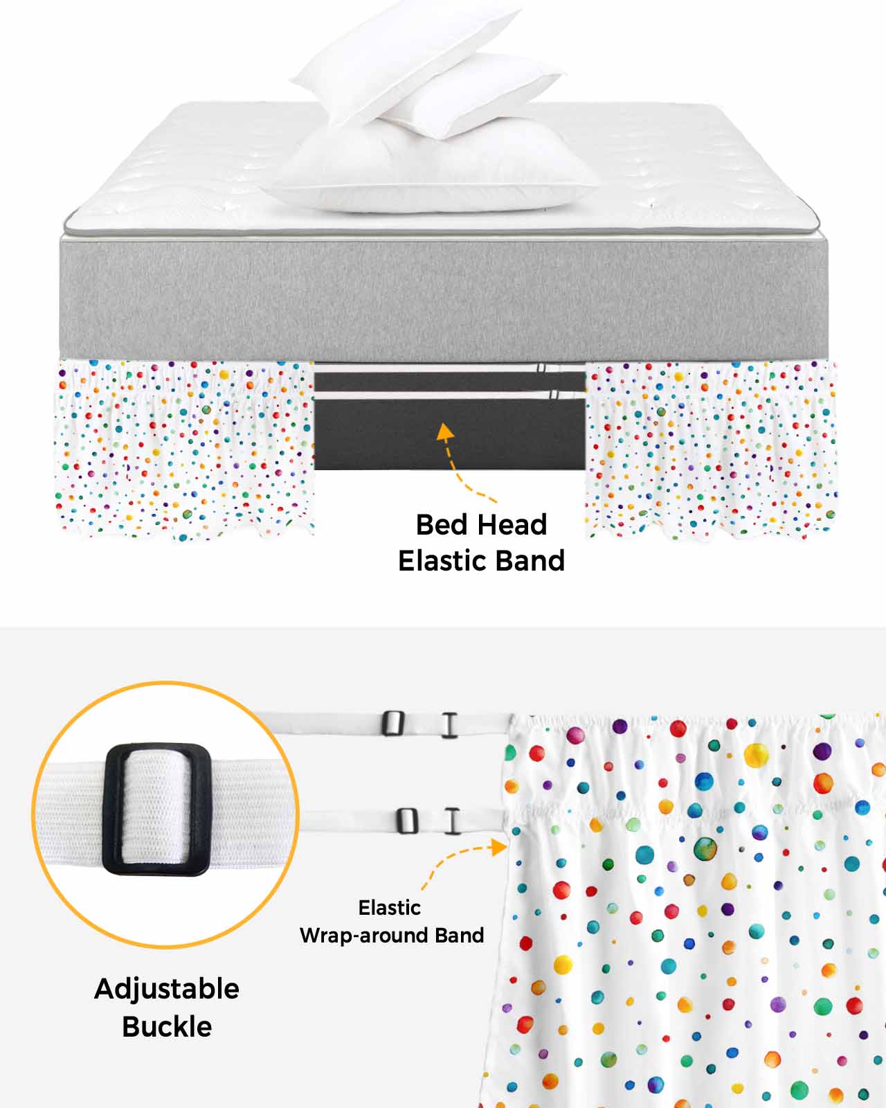 Colorful Polka Dot Wrap Around Bed Skirts for Queen Bed 18" Drop, Bed Skirt with Adjustable Elastic Belt Dust Ruffle Bed Valance for Bedroom Hotel Luxury Rainbow Point Vibrant Bed Frame Cover