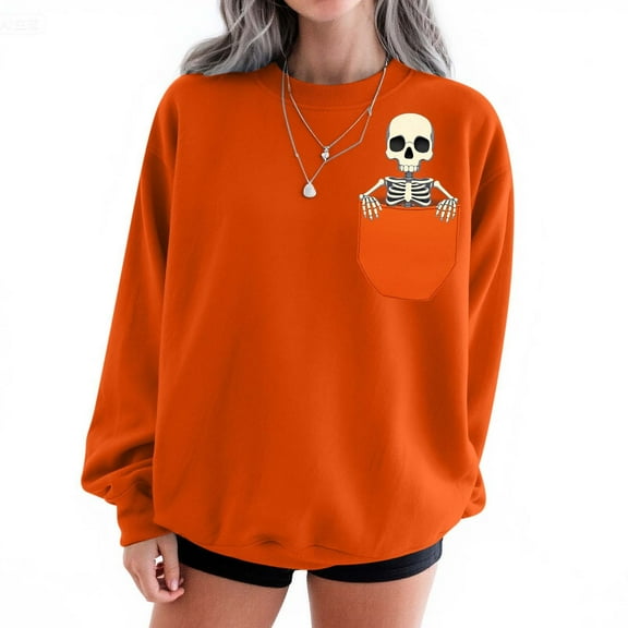 Fall Sweatshirts for Women Halloween Sweatshirts Printed Round Neck Long Sleeved Sweatshirts Orange XS