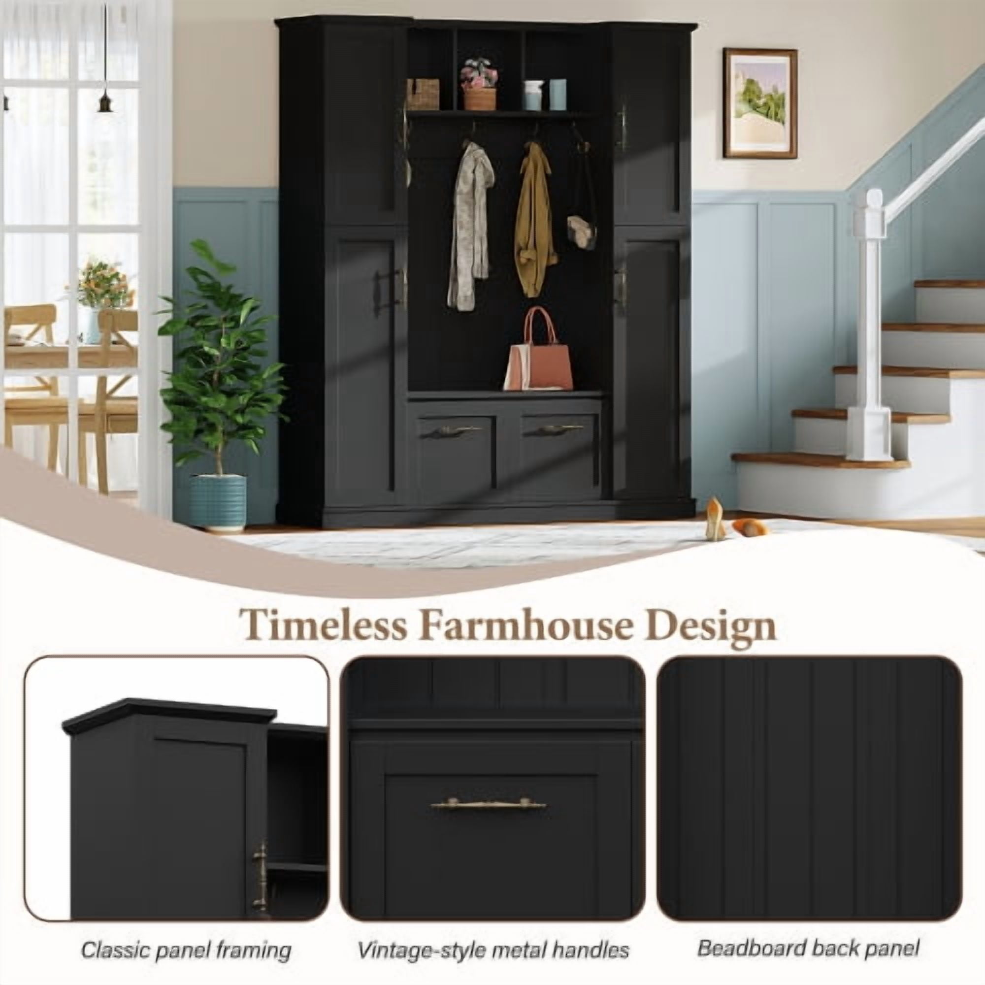 Farmhouse Hall Tree with Bench, Beadboard Back Panel, 4 Side Cabinets, Adjustable Shelves, Open Cubbies, Coat Rack & 5 Hooks, Entryway Mudroom Furniture, Black