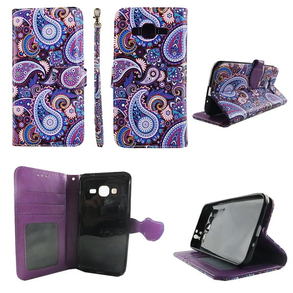 Purple Paisley Wallet Folio Case for Samsung Express Prime Amp Prime Fashion Flip PU Leather Cover Card Cash Slots & Stand