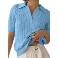 thumbnail image 2 of Women's Cable Knit Sweater Short Sleeve V Neck Soft Casual Pullover Top Solid Color Light Blue L, 2 of 6