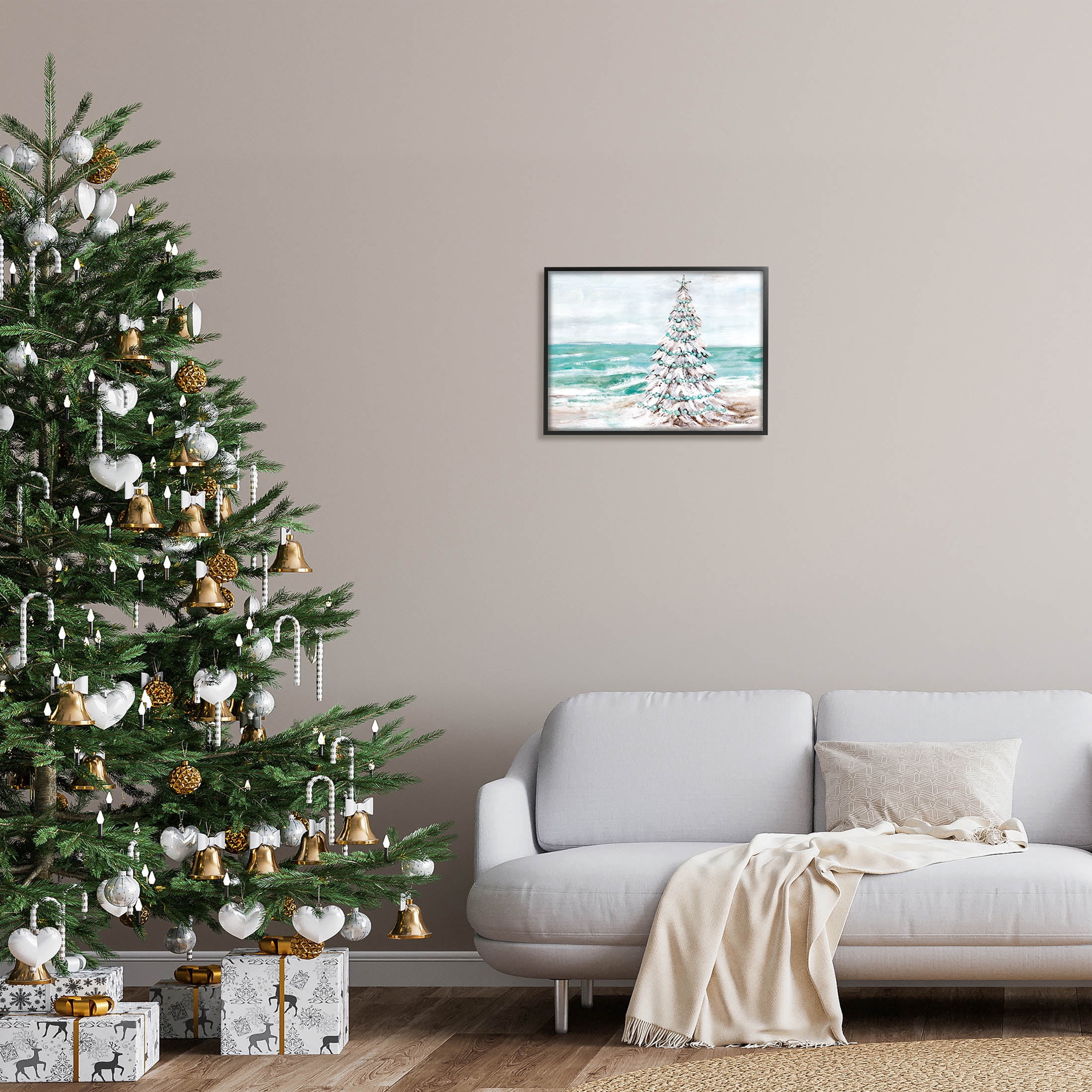 Snowy Christmas Tree Beach Shore Holiday Painting Black Framed Art Print Wall Art