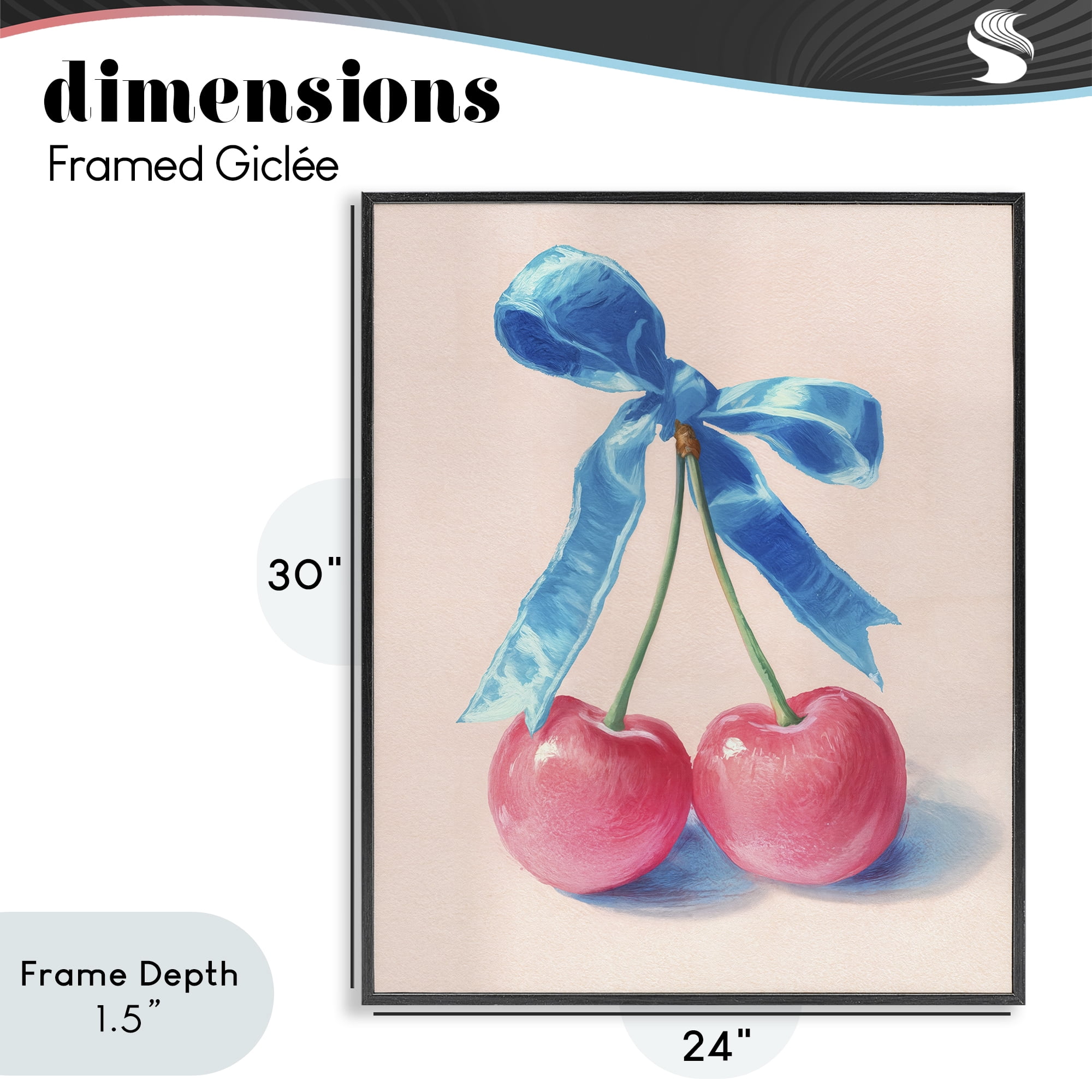 Stupell Industries Twin Cherries with Blue Ribbon Black Framed Giclee Art, design by Imagine It Images