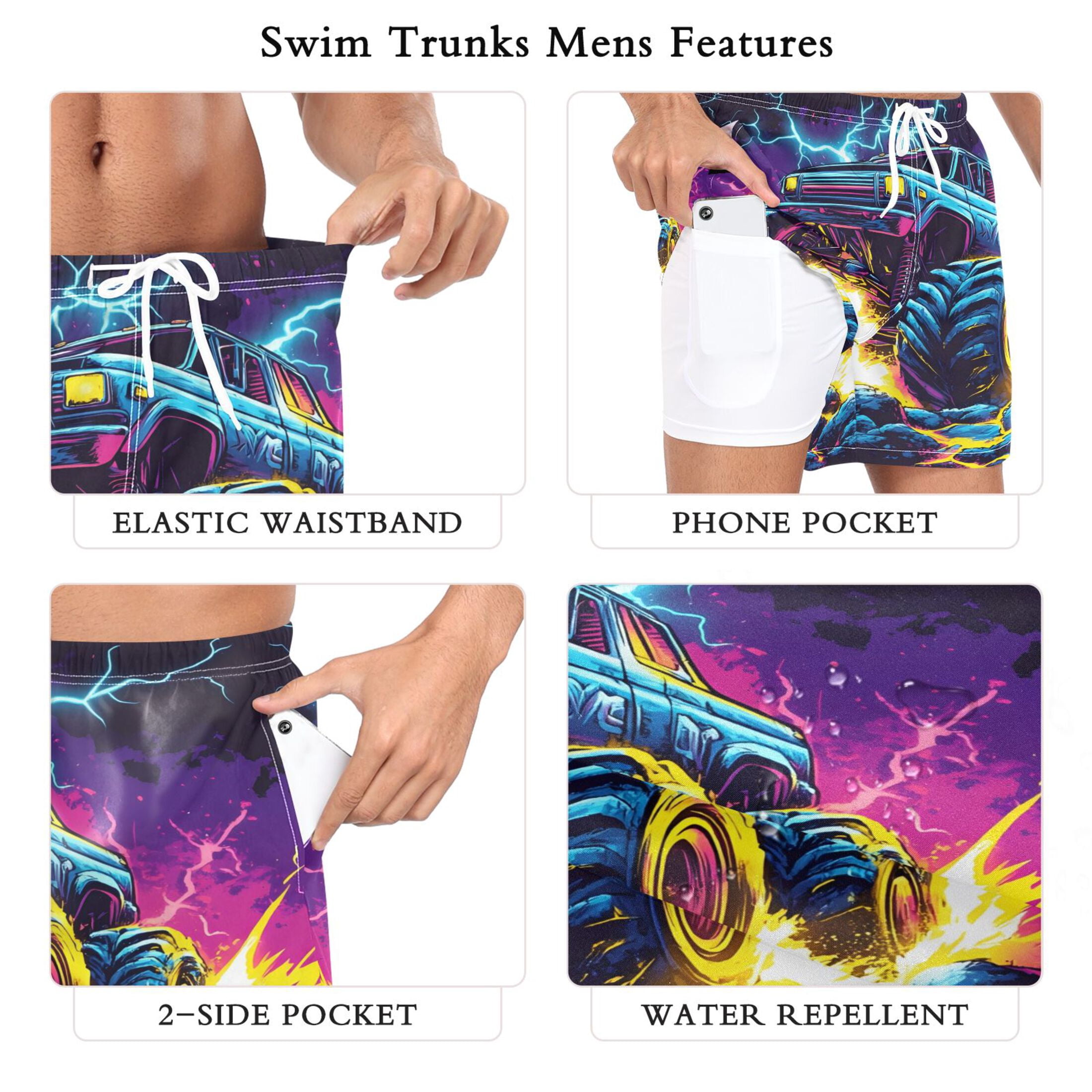 joogoo Men's Monster Truck Lightning Swim Trunks with Liner Pocket Beach Shorts Large