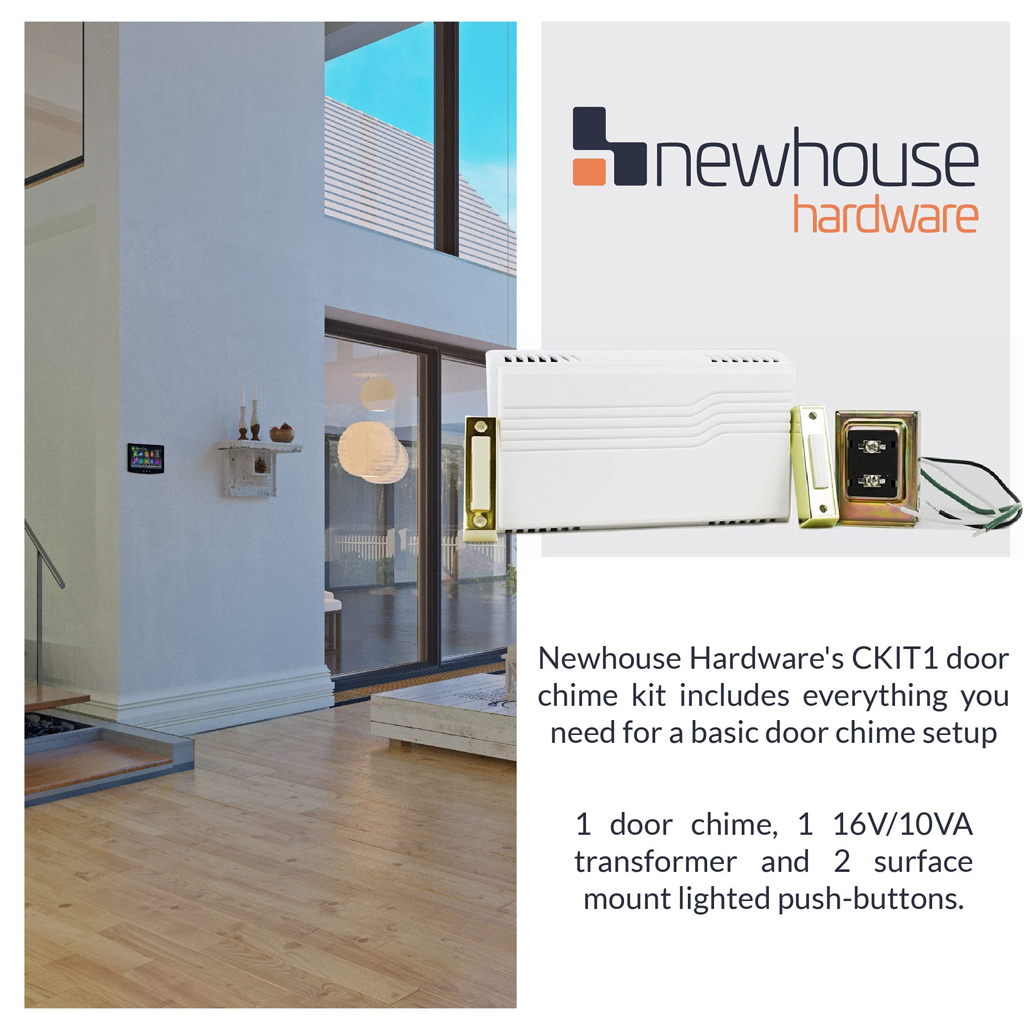 Newhouse Hardware Wired Doorbell Chime Kit with Transformer and Button CKIT8, Doorbell Kit with 16V 30VA Doorbell Transformer and White Surface-Mount Doorbell Button for Home Improvement