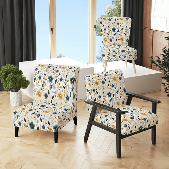 Designart « Sérénité en Bleu Minimaliste » Fauteuil d'Appoint Rembourré à Motif Floral Bleu - Fauteuil de Style Champêtre pour Chambre