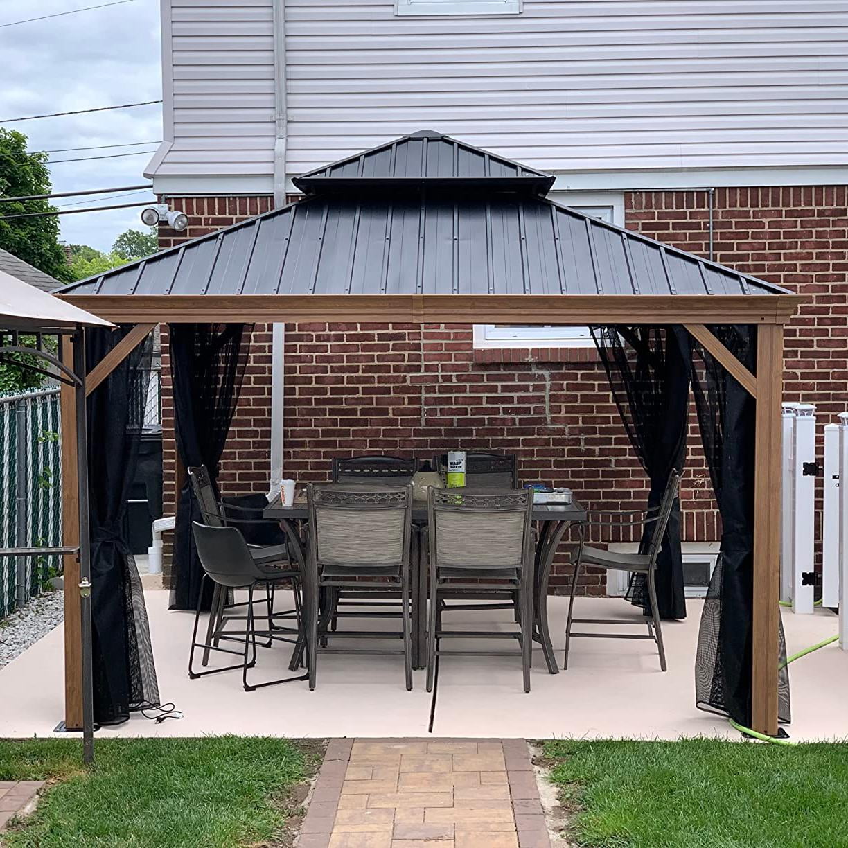 PURPLE LEAF 10' X 12' Outdoor Hardtop Gazebo for Patio Galvanized Steel Double Roof Permanent Canopy Teak Finish Coated Aluminum Frame Pavilion Gazebo with Netting