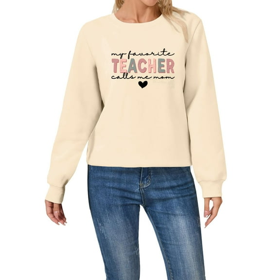 Clothing 2025 Yajing Oversized Sweatshirt for Women Crewneck Sweatshirts Women Fleece Sweatshirt Funny Teacher Life Crewneck Pullover Tops Casual Mama Sweater L Beige