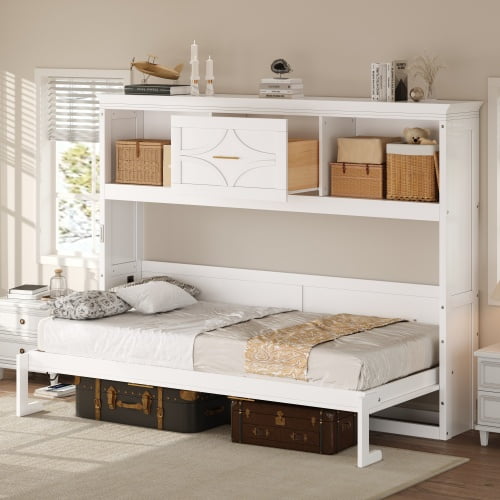 Twin Size Murphy Bed with Charging Station, Modern Foldable Wall Bed with Storage Drawer & Cabinets, Solid Wood Frame, Space Saving, No Box Spring Needed, White, for Bedroom, Guest Room