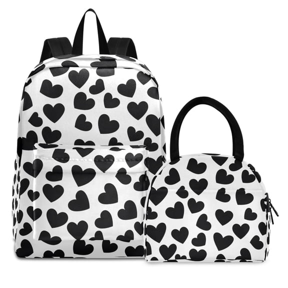 ALAZA Backpack Set Black Heart Pattern Elementary School Bags Student BookBag with Lunch Bag