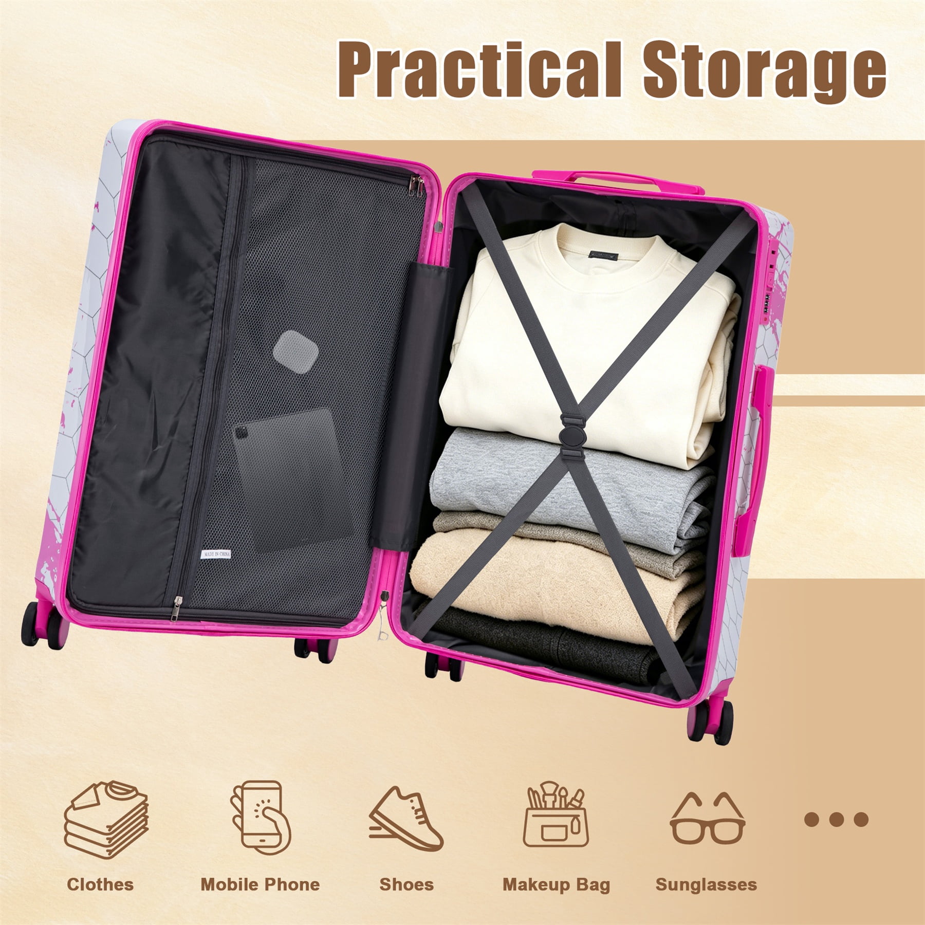 Alvantor Hardside Luggage Sets 3 Piece Lightweight Suitcase with TSA Lock, Fashion Travel Luggage for Teenegers,(20/24/28),Pink