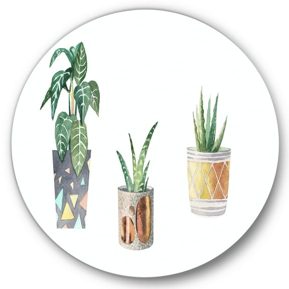 Designart 'Three Potted Houseplants On White' Traditional Circle Metal Wall Art 36x36 - Disc of 36