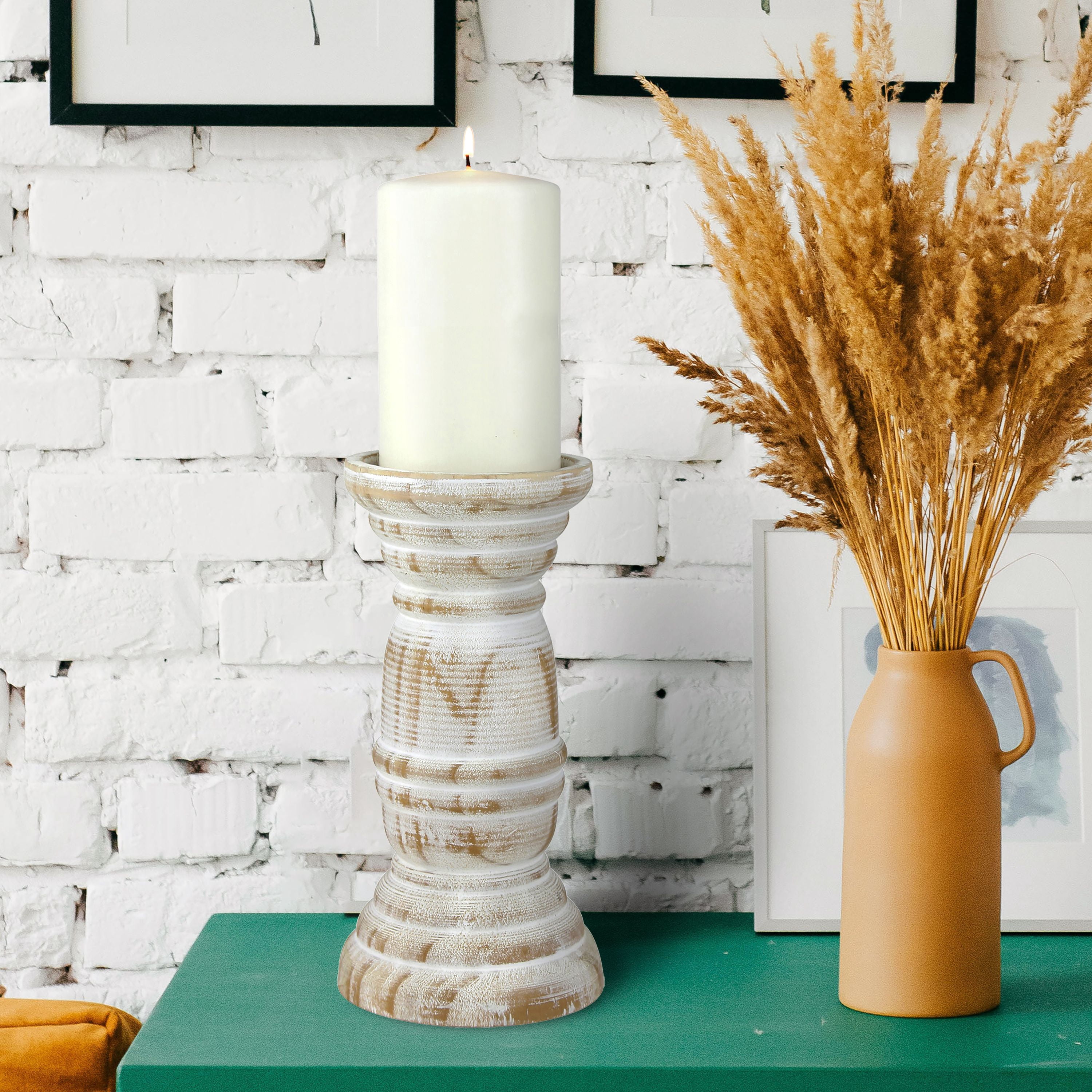 Stonebriar Tabletop 8" Coastal Wood Pillar Candle Holder, Off-White