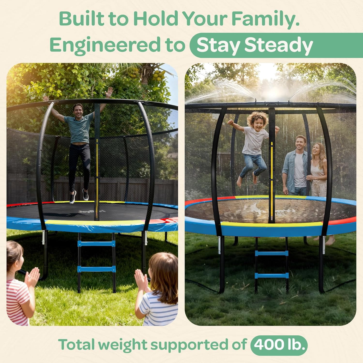 JoyBerri Rebounder Trampoline for Adults and Kids – Outdoor Recreational Trampoline with Safety Enclosure Net, Ladder, LED Lights & Sprinkler – ASTM Certified Family Fun Trampoline - Colorful