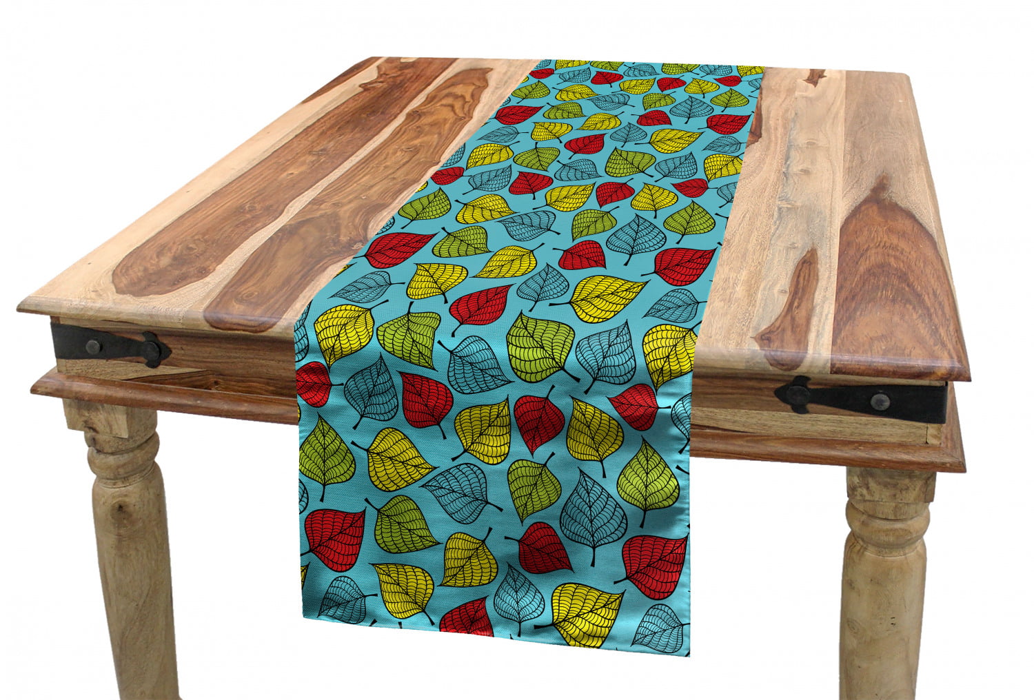 Dining Room Kitchen Rectangular Runner Multicolor 16 X 90 Colorful Hand Drawn Falling Leaves Blue Background Autumn Forest Trees Theme Artwork Ambesonne Nature Table Runner