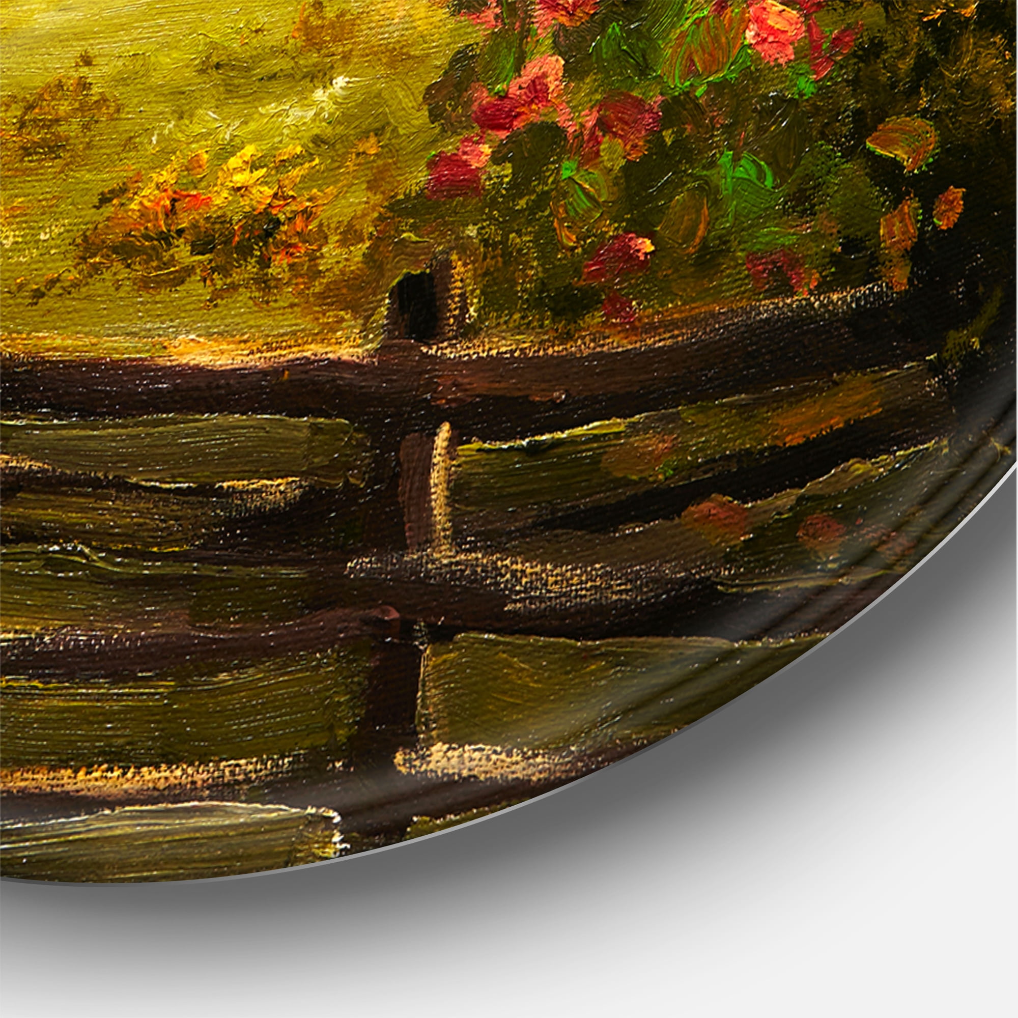 Designart 'House With Blossoming Flowers On The Mountain II' Traditional Circle Metal Wall Art 11x11 - Disc of 11