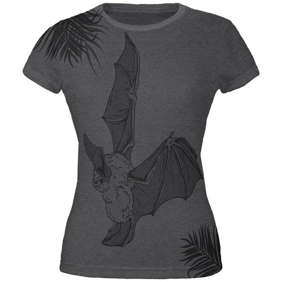 Flying Big-eared Bat Palm All Over Dark Heather Juniors Soft T-Shirt - 2X-Large