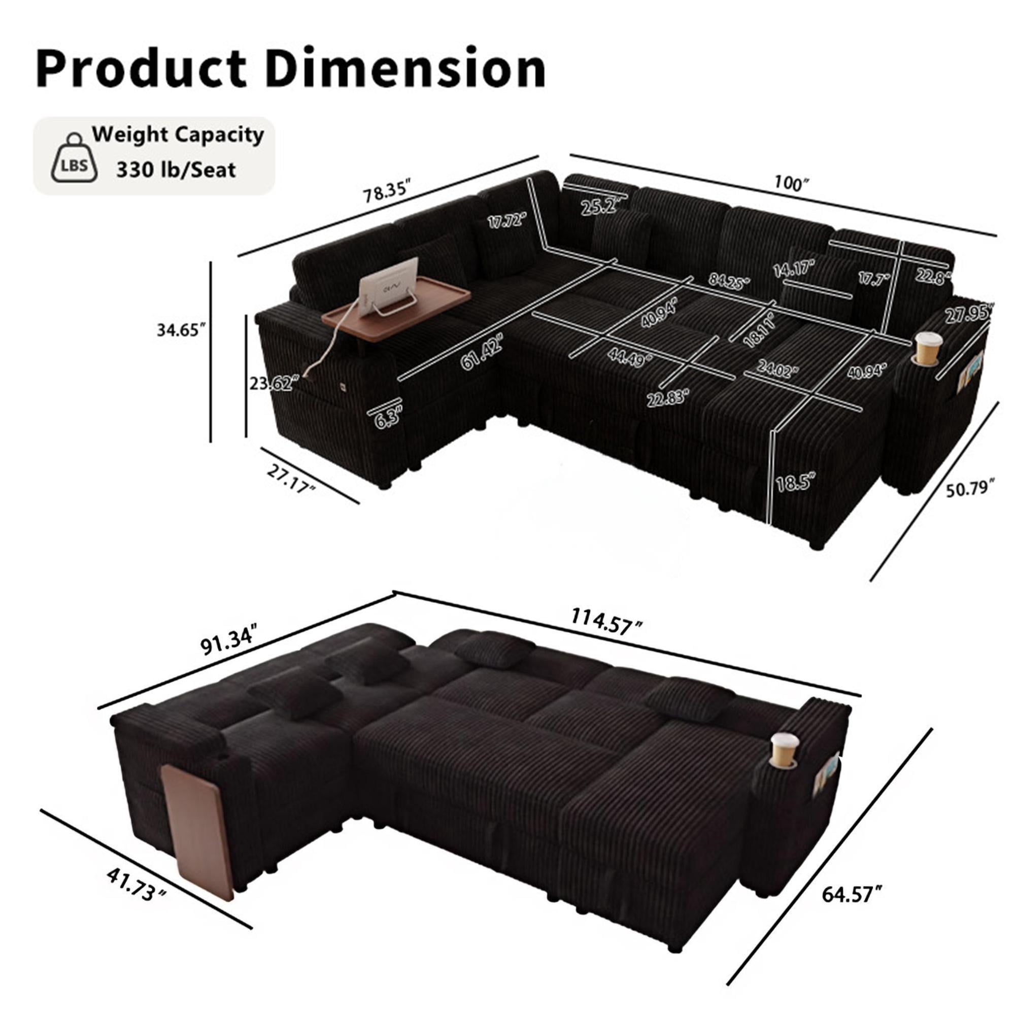Aukfa 7 Seat U Shape Sectional Couch Convertible Sofa Bed with USB, Cupholder Arm Storage Console, Floating Desktop, Corduroy, Black