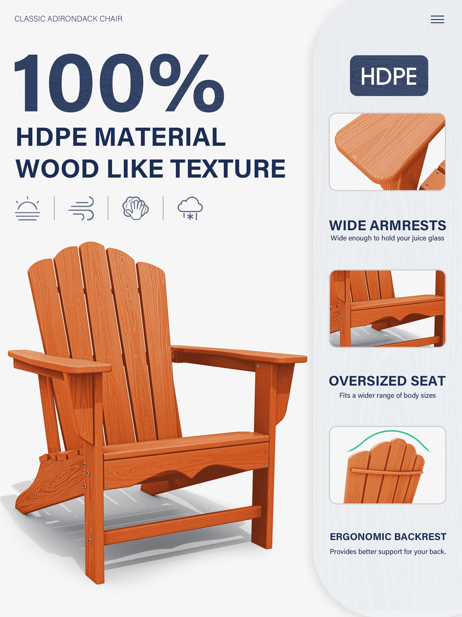 KINGYES HDPE Adirondack Chair, All-Weather Outdoor Fire Pit Chairs for Patio Deck Lawn, Orange
